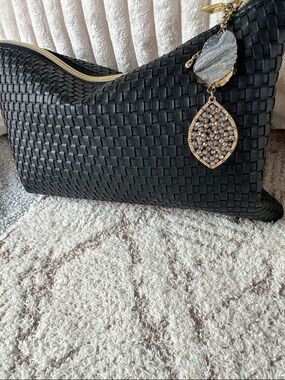 Woven Leather Clutch w/ Statement Crystal Charm | Black Gold Zip Elevated Luxe
